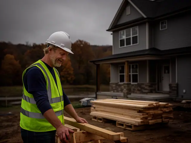 A builder in a hard hat and safety vest on a home construction site.