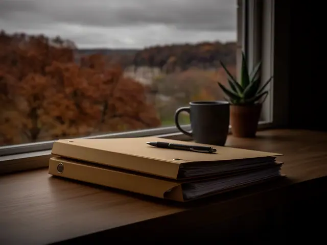 A neat stack of closed manila folders and a pen on a desk by a window.