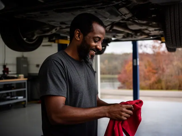 An auto-repair shop owner in a service bay under a lifted car.