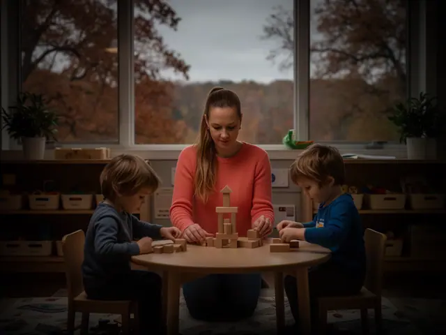 A child-care owner building a block tower with two small children.