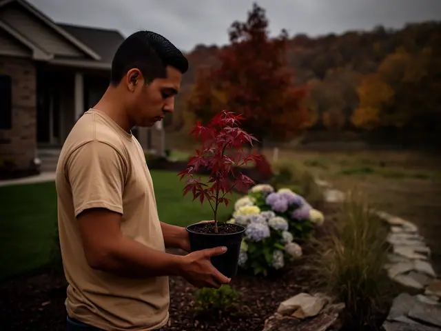 A landscaper holding a potted plant in a new front-yard bed.