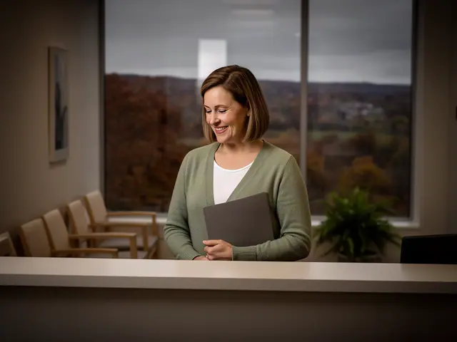 A clinic office manager holding a folder behind a reception counter.