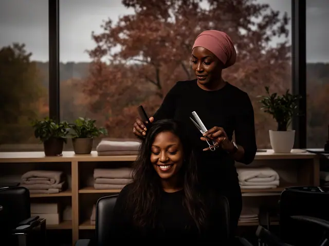 A stylist finishing a client's hair in a bright salon.