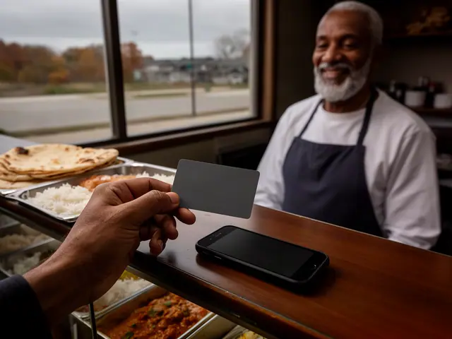 A customer taps a card on a counter terminal at a small Somali restaurant counter.