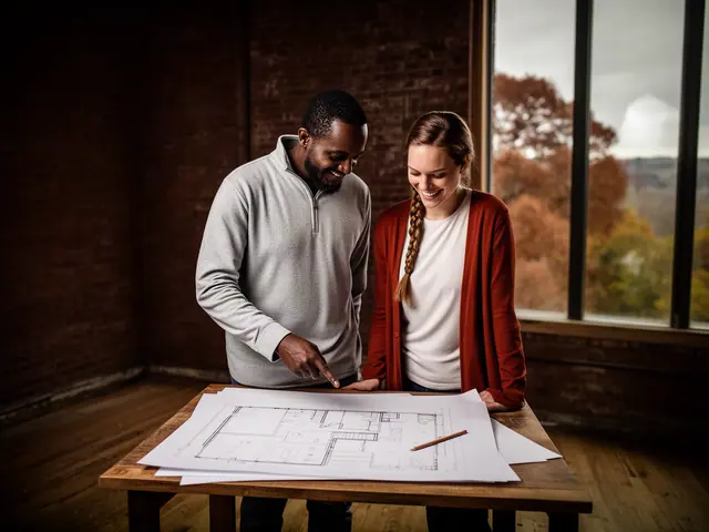 Two business partners looking over a pencil floor sketch in an empty storefront.