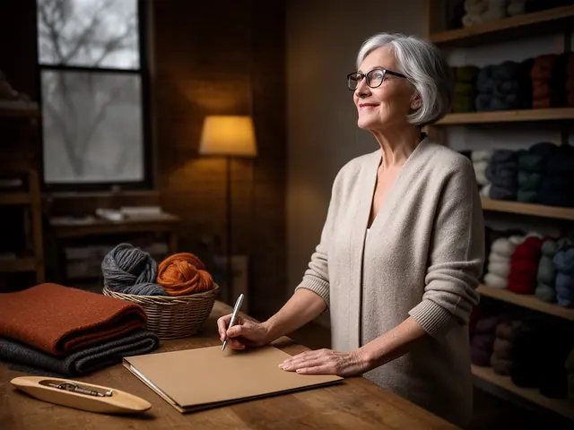 A woman with short silver hair and black-framed glasses at a work table with a closed folder in a small hand-weaving studio.